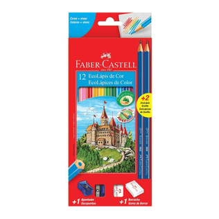 Kit Escolar Lápis 12 Cores + Lápis Preto + Apontador + Borracha - Faber Castell