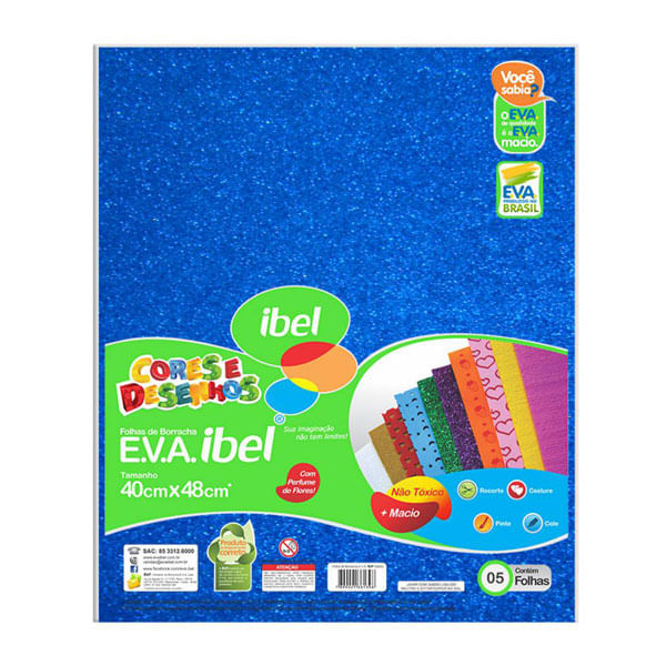 Folha De Borracha Eva Azul Glitter 40x48 Com 5 Unidades Ibel Papelex 2723