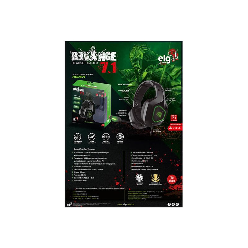 Headset Gamer Revenge 7.1 Led Hgre71 Elg Papelex